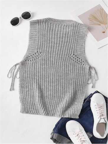 MakeMeChic Women's Sleeveless Round Neck Drawstring Side Split Hem Knited Casual Sweater Vest in Saudi Arabia