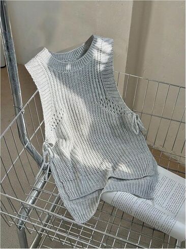 MakeMeChic Women's Sleeveless Round Neck Drawstring Side Split Hem Knited Casual Sweater Vest in Saudi Arabia