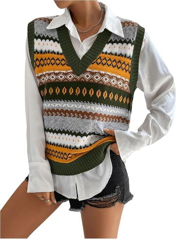 MakeMeChic Women's Vest Tops Striped Print V Neck Knit Casual Sleeveless Sweater Vest Tank Tops in Saudi Arabia