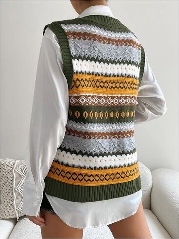 MakeMeChic Women's Vest Tops Striped Print V Neck Knit Casual Sleeveless Sweater Vest Tank Tops in Saudi Arabia