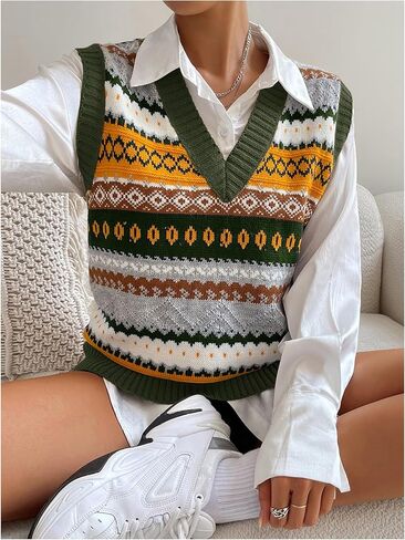 MakeMeChic Women's Vest Tops Striped Print V Neck Knit Casual Sleeveless Sweater Vest Tank Tops in Saudi Arabia
