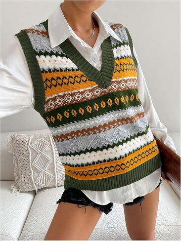 MakeMeChic Women's Vest Tops Striped Print V Neck Knit Casual Sleeveless Sweater Vest Tank Tops in Saudi Arabia