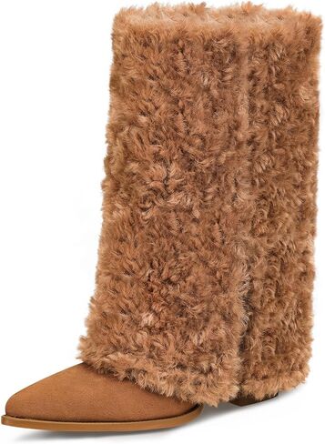 Furry Boots for Women Cowboy Fold Over Fuzzy Boot Fur Cowgirl Mid Calf Winter Comfortable Boots Pointed Toe Chunky Heel Snow Boots in Saudi Arabia
