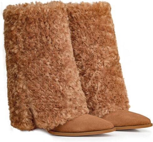 Furry Boots for Women Cowboy Fold Over Fuzzy Boot Fur Cowgirl Mid Calf Winter Comfortable Boots Pointed Toe Chunky Heel Snow Boots in Saudi Arabia