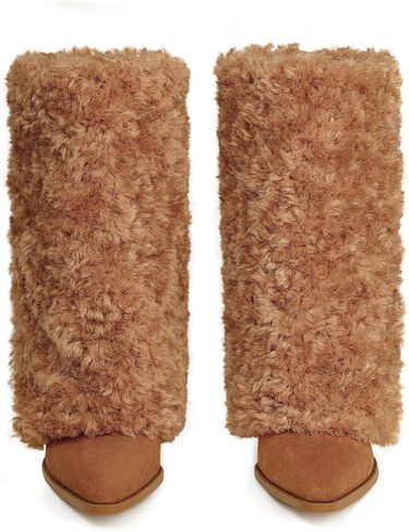 Furry Boots for Women Cowboy Fold Over Fuzzy Boot Fur Cowgirl Mid Calf Winter Comfortable Boots Pointed Toe Chunky Heel Snow Boots in Saudi Arabia