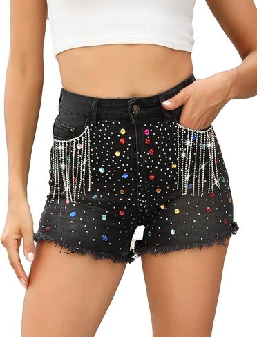 LifeShe Women's Rhinestone Denim Shorts Summer High Waist Fringe Tassel Frayed Hem Jean Shorts in Saudi Arabia