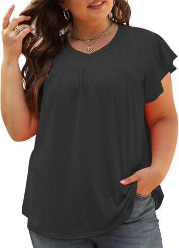 VISLILY Plus-Size-Womens-Tops-Summer V-Neck T Shirts Ruffle Cap Sleeve Blouses Pleated Tunics Casual Eyelet Tee in Saudi Arabia