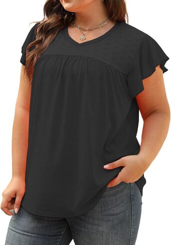 VISLILY Plus-Size-Womens-Tops-Summer V-Neck T Shirts Ruffle Cap Sleeve Blouses Pleated Tunics Casual Eyelet Tee in Saudi Arabia