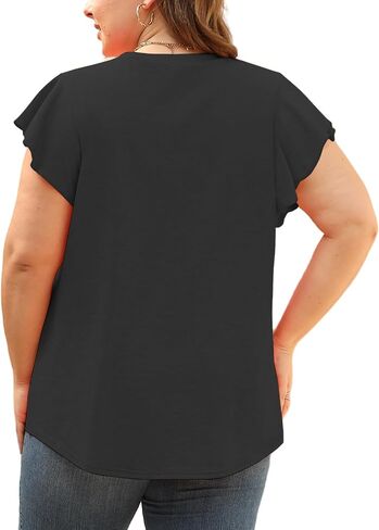 VISLILY Plus-Size-Womens-Tops-Summer V-Neck T Shirts Ruffle Cap Sleeve Blouses Pleated Tunics Casual Eyelet Tee in Saudi Arabia