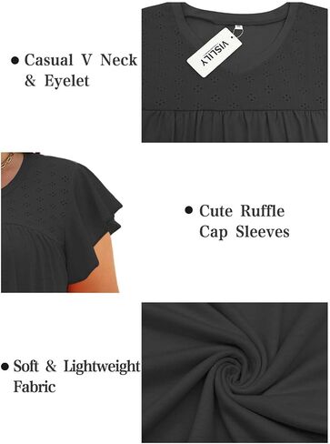 VISLILY Plus-Size-Womens-Tops-Summer V-Neck T Shirts Ruffle Cap Sleeve Blouses Pleated Tunics Casual Eyelet Tee in Saudi Arabia