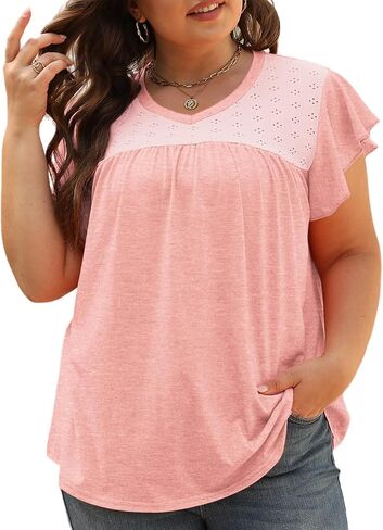 VISLILY Plus-Size-Womens-Tops-Summer V-Neck T Shirts Ruffle Cap Sleeve Blouses Pleated Tunics Casual Eyelet Tee in Saudi Arabia