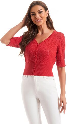 Women's Cardigan Lightweight Cropped V Neck Knit Sweaters Button Down Shrugs Simple Tops for Women Girls in Saudi Arabia