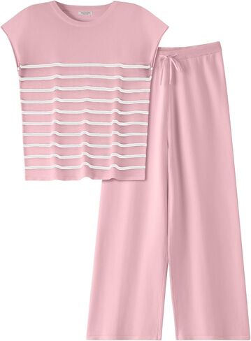 Ekouaer Lounge Set for Women 2 Piece Outfits Knit Sweater Sets Striped Top Wide Leg Long Pants Matching Pajamas Sets in Saudi Arabia