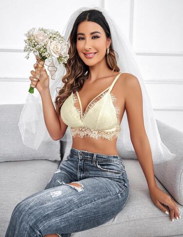 Avidlove Lace Tank Top Sexy Bralette for Women V Neck Lingerie Top Adjustable Strap Crop Top Y2k Cami Top, Beige, XXL in Saudi Arabia
