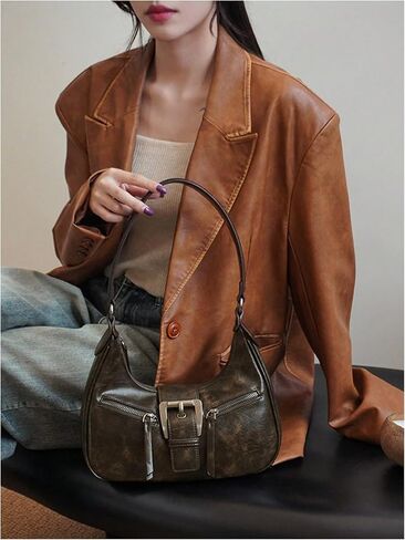 MakeMeChic Women's PU Leather Top Handle Buckle Medium Square Bag Vintage Shoulder Handbags Hobo Bags in Saudi Arabia