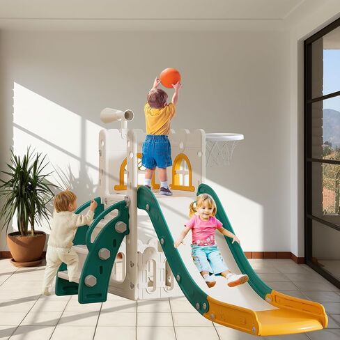 6 in 1 Toddler Slide for Toddler Age 1-6,Kids Climber Slider for Indoor Outdoor Playground with Basketball Hoop,Storage and Telescope,L Shaped Slide for Toddler Climber Playset in Saudi Arabia