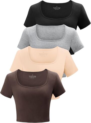 Square Neck Crop Tops for Women Workout Tops Trendy Going Out Tops Gym Summer Shirts 4 Pack in Kuwait