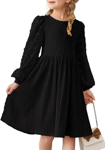 Girls Fall Long Sleeve Knit Dresses Casual Crewneck Swiss Dot A-line Dress 6-15 Years in Saudi Arabia