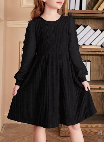 Girls Fall Long Sleeve Knit Dresses Casual Crewneck Swiss Dot A-line Dress 6-15 Years in Saudi Arabia