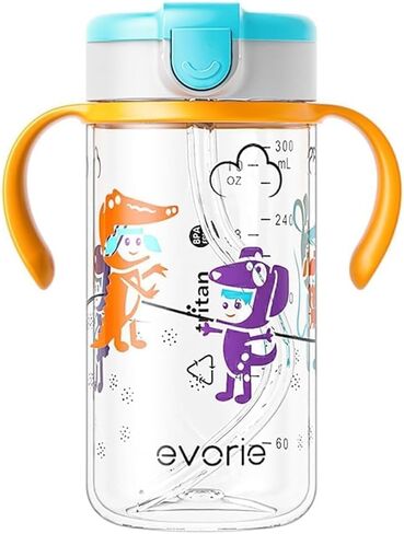Evorie Tritan Toddler Sippy Cup with Silicone Straw, Spill-Proof Straw Water Bottle for Kids 1-4 Years Old, 10 oz, Removable Handles, Ideal for School in Kuwait