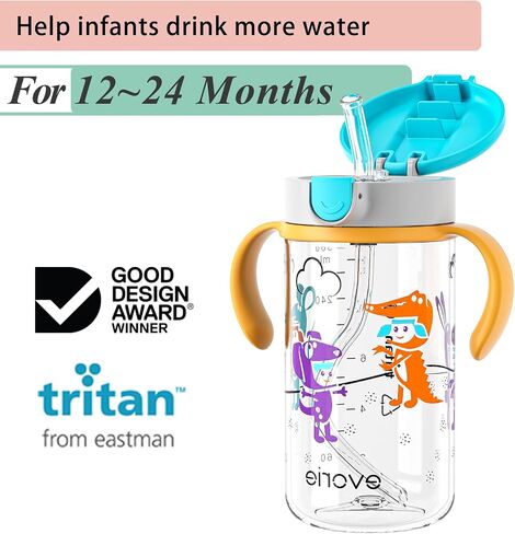 Evorie Tritan Toddler Sippy Cup with Silicone Straw, Spill-Proof Straw Water Bottle for Kids 1-4 Years Old, 10 oz, Removable Handles, Ideal for School in Kuwait