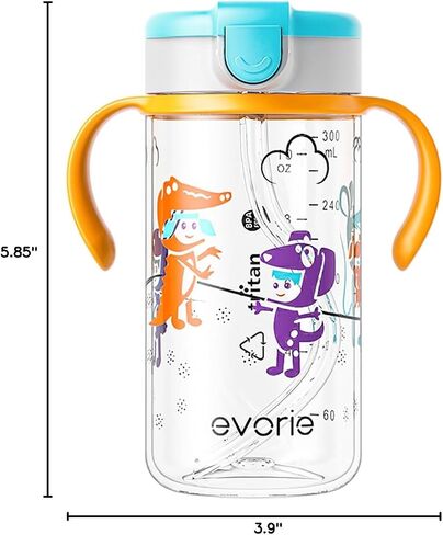 Evorie Tritan Toddler Sippy Cup with Silicone Straw, Spill-Proof Straw Water Bottle for Kids 1-4 Years Old, 10 oz, Removable Handles, Ideal for School in Kuwait