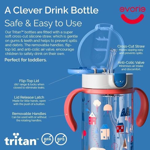 Evorie Tritan Toddler Sippy Cup with Silicone Straw, Spill-Proof Straw Water Bottle for Kids 1-4 Years Old, 10 oz, Removable Handles, Ideal for School in Kuwait