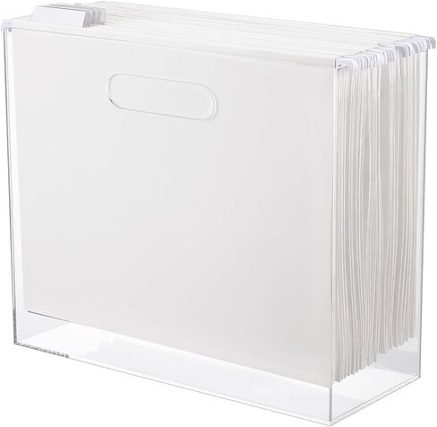 Estune Acrylic File Box Organizer with 24 Pcs Hanging File Holders Letter Size, Acrylic Hanging File Folder Organizer Clear Slim File Box with Handles for Desk Home Office(White, Formal) in Kuwait