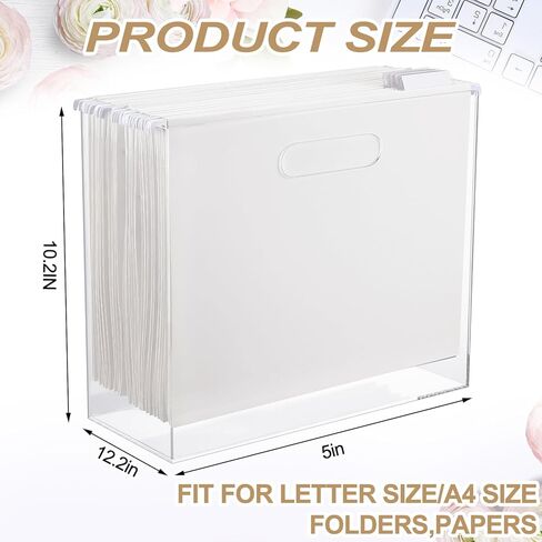 Estune Acrylic File Box Organizer with 24 Pcs Hanging File Holders Letter Size, Acrylic Hanging File Folder Organizer Clear Slim File Box with Handles for Desk Home Office(White, Formal) in Kuwait
