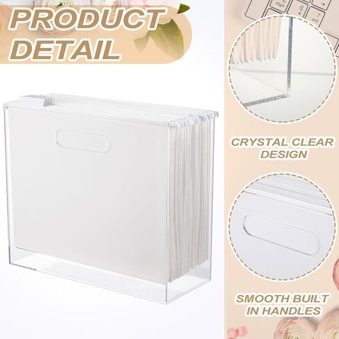 Estune Acrylic File Box Organizer with 24 Pcs Hanging File Holders Letter Size, Acrylic Hanging File Folder Organizer Clear Slim File Box with Handles for Desk Home Office(White, Formal) in Kuwait
