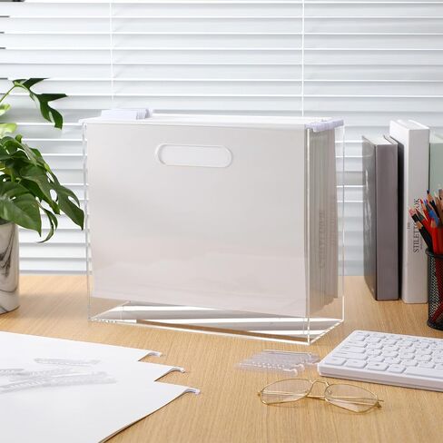 Estune Acrylic File Box Organizer with 24 Pcs Hanging File Holders Letter Size, Acrylic Hanging File Folder Organizer Clear Slim File Box with Handles for Desk Home Office(White, Formal) in Kuwait
