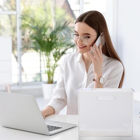 Estune Acrylic File Box Organizer with 24 Pcs Hanging File Holders Letter Size, Acrylic Hanging File Folder Organizer Clear Slim File Box with Handles for Desk Home Office(White, Formal) in Kuwait