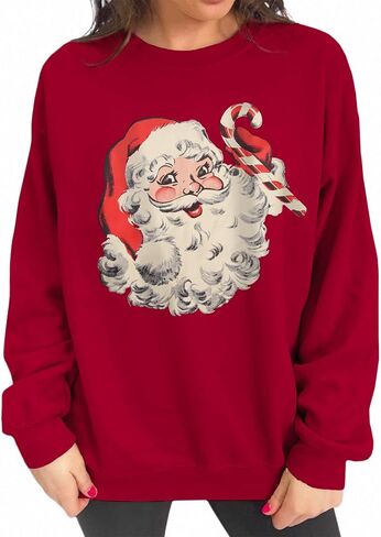 المرأة عيد الميلاد البلوز الرجعية سانتا كلوز الجرافيك البلوز خمر Crewneck كم طويل عادية عيد الميلاد عطلات القمم in Kuwait