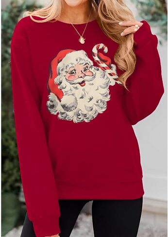 المرأة عيد الميلاد البلوز الرجعية سانتا كلوز الجرافيك البلوز خمر Crewneck كم طويل عادية عيد الميلاد عطلات القمم in Kuwait