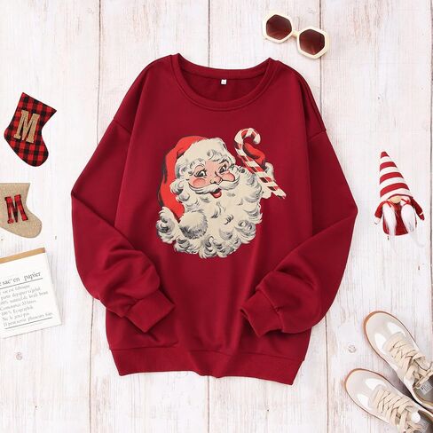 المرأة عيد الميلاد البلوز الرجعية سانتا كلوز الجرافيك البلوز خمر Crewneck كم طويل عادية عيد الميلاد عطلات القمم in Kuwait