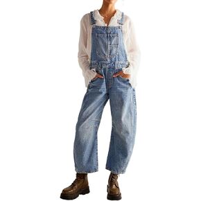 Womens Denim Bib Overalls Barrel Leg Adjustable Strap Jean Pants Jumpsuits with Pockets
