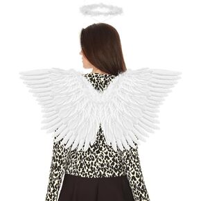 Angel Wings and Halo for Adult Feather Angel Costume for Women Kids Girls Halloween Cosplay White Angel Wings Costume Accessories for Over 10 years old, Adult
