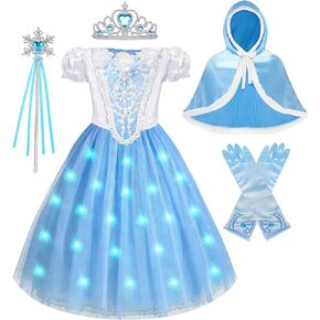 G.C 6pcs Girls Light Up Frozen Elsa Costume Dress Toddler Princess Cape Dress Up Clothes Crown Wand Halloween Birthday Party
