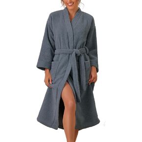 cheibear Womens Fluffy Fleece Robe Long Sleeve Thick Plush Self Tie Long Bathrobe for After Shower Spa Bath Suana