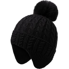 MEJORMEN Kids Winter Hat with Earflap Toddler Knit Beanie with Cute Pom Pom Infant Warm Skull Cap for Baby Girls Boys