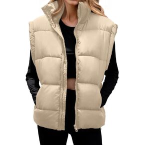 WHN Womens Oversized Puffer Vest Lightweight Winter Warm Stand Collar Padded Puffy Jackets Coats with Plush Pockets