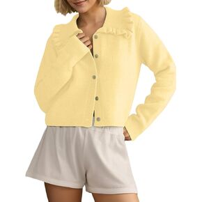Ythomm Womens Ruffle Collar Sweater Cardigan Button Down Open Front Long Sleeve Knit Sweater Jackets Casual Solid Fall Tops