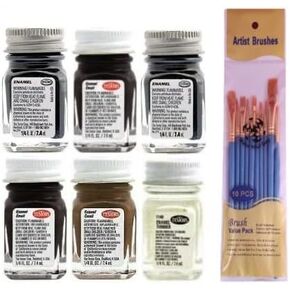 Make Your Day Testors Black Enamel Paint Variety, Flat Black, Gloss Black, Semi-Gloss Black, Black Metallic, Flat Rubber, and Thinner 1/4 fl oz (Pack of 11) Brushes