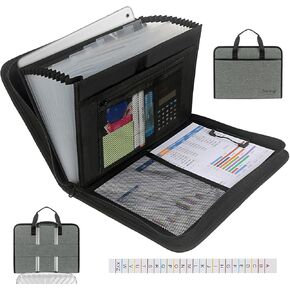 Accordion File Organizer with Zipper Labels Multi Pockets Expanding File Folders Portfolio Storage for Office Letter A4 Files Black