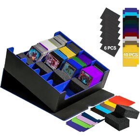 3200+ Trading Card Storage Box, 6 Rows Card Deck Case for Trading Cards with 10 Pcs Card Dividers PU Leather Commander Card Deck Case for Magic Commander YugiOh TCG TGG Cards Sport Cards (Black/Blue)