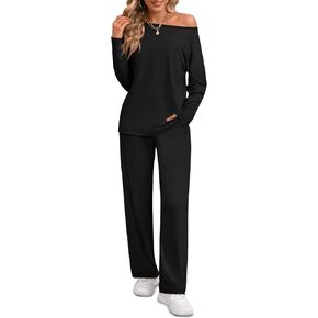 Ficerd Women's 2 Piece Outfits off Shoulder Long Sleeve Tops Wide Leg Pants with Pockets Tracksuit Fall Casual Lounge Sets