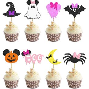 24 Pieces Pre-Assembled Halloween Cupcake Toppers, Mouse Halloween Cake Toppers for Boo Birthday Party Decoration and Mouse Theme Halloween Party Decor