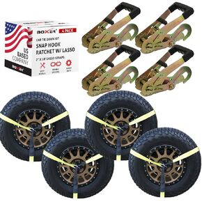Boxer 4-Pack Car Tie Down with Snap Hook - Lasso Style – 2 inch x 10 Feet – Yellow Strap with Black Trim - Car Trailer Tie Down