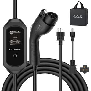J&D Level 1-2 EV Charger, Portable Electric Vehicle Charger, NEMA 6-20 Plug with NEMA 5-15 Adapter, 110-240V 16A SAE J1772 Standard, 25 Feet