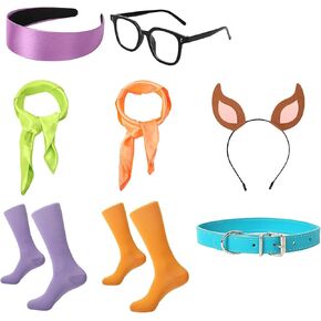 Halloween Cosplay Deluxe Costume With Purple Satin Headband Green Silk Scarf Orange Neckerchief Orange And Purple Knee Socks Blue Leather Dog Collar Dog Ear Headband Black Square Glasses
